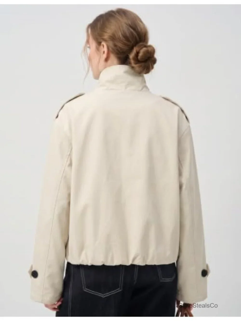 Womens Cropped Trench Coat Funnel Neck Lightweight Button Down Jacket